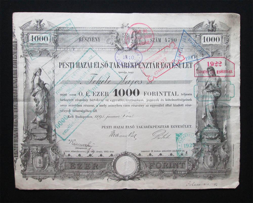 Pesti Hazai Elsõ Takarékpénztár részvény 1000 forint 1895